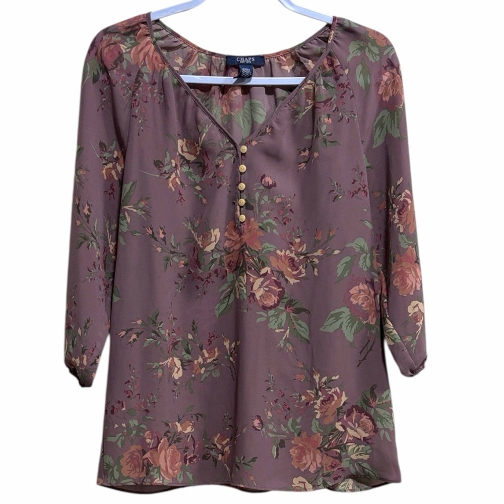 Chaps Floral Blouse Mauve Rose Print 3/4 Sleeve V-Neck Size S